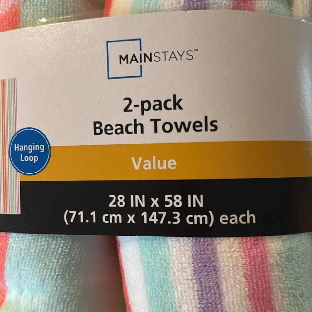 Mainstays 2 pack beach towels 28”x58” vacation beachwear towel set hanging loop